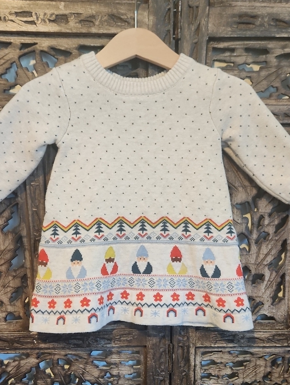 Euc Hannah Andersson Girls Cream Knit Tunic Dress with Festive Gnome Border 3-6m